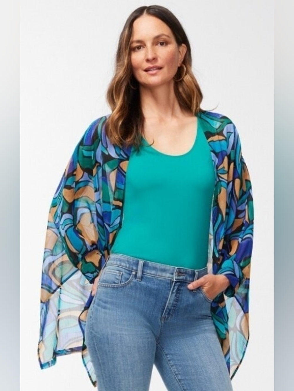 Chico's NWT Medina Sand Cuffed Covering Ruana Blue Grotto Kimkno L/XL
